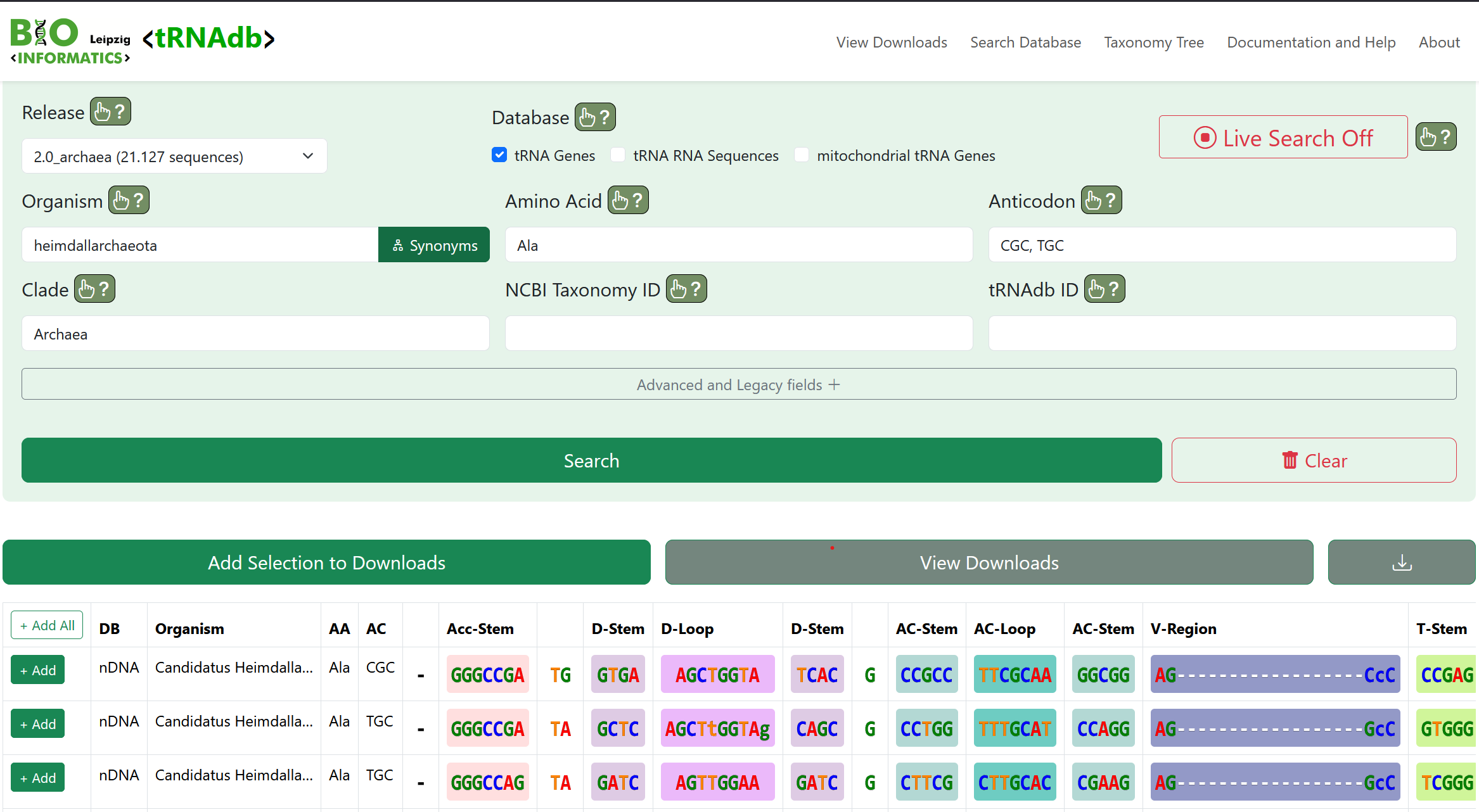 tRNAdb Search Form